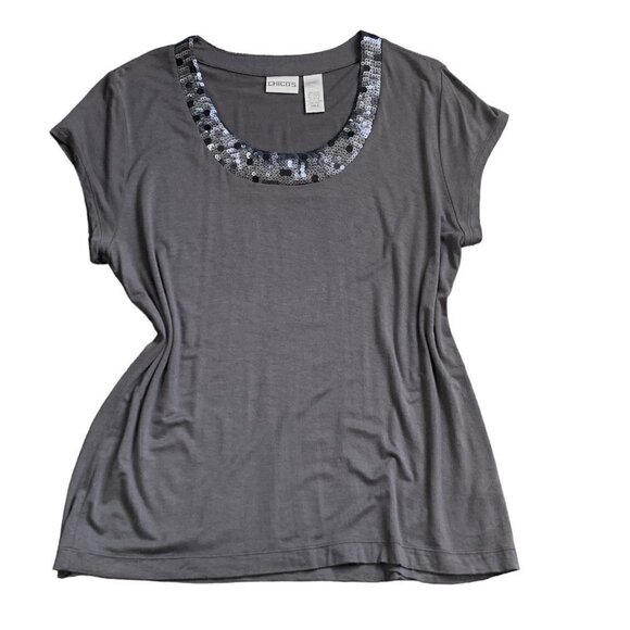 Chico's Sequin Neck Top Sz 2 L/12 Gray #140C - Picture 5 of 9
